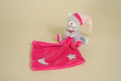 Doudou Chat Gris Mauve Mouchoir Rose Lune Etoile Luminescent BABY NAT’