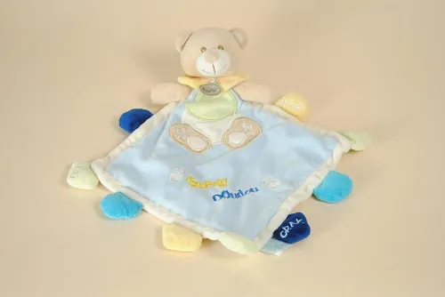 Super Doudou Ours Plat Bleu Jaune Vert Beige Crak Grelot BABY NAT’